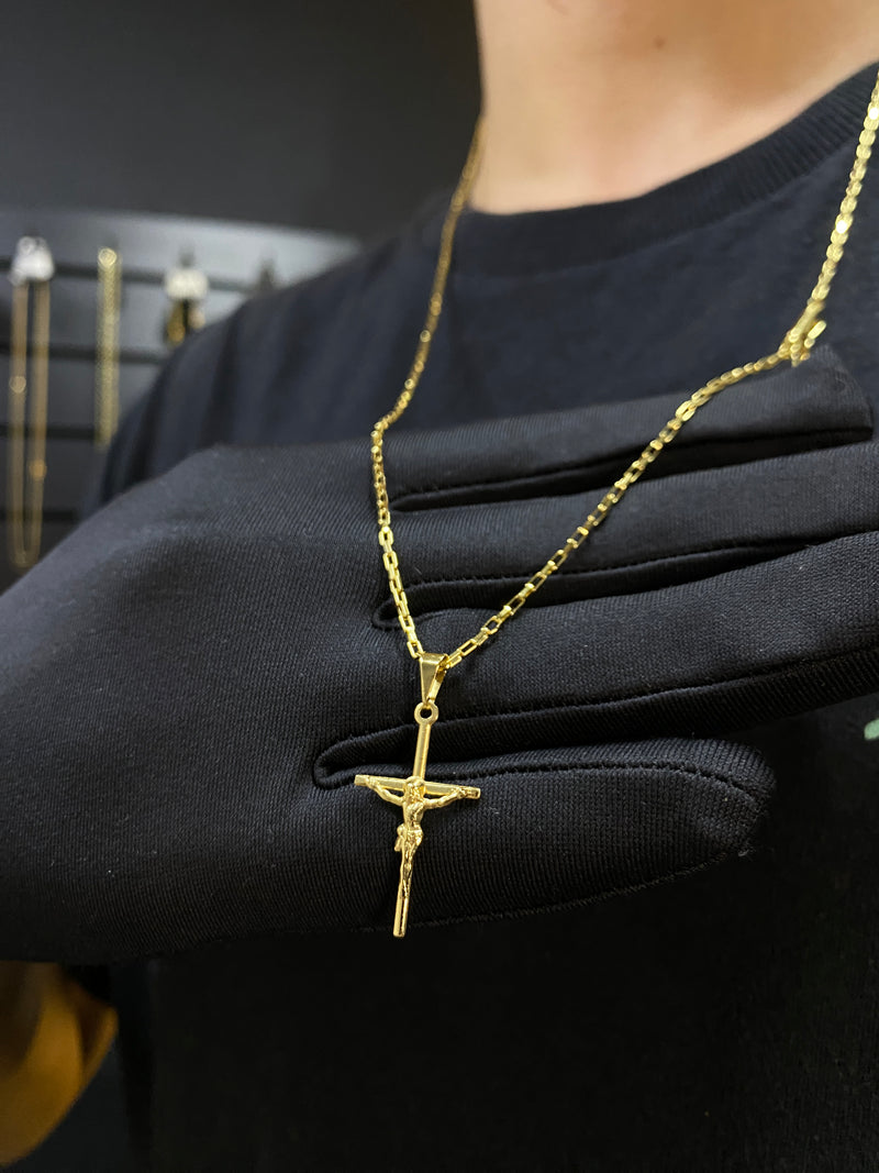 Tijolinho 1.5mm + Cruz Palito com Cristo - Fecho Bomba (PROMO)