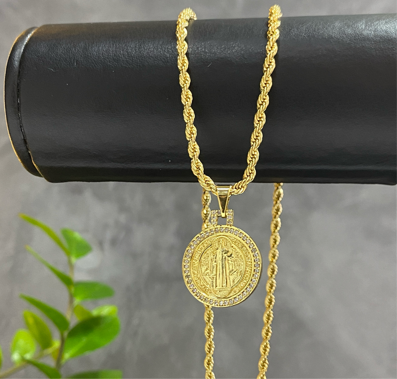 Colar Baiano 3mm + Medalha São Bento Cravejado
