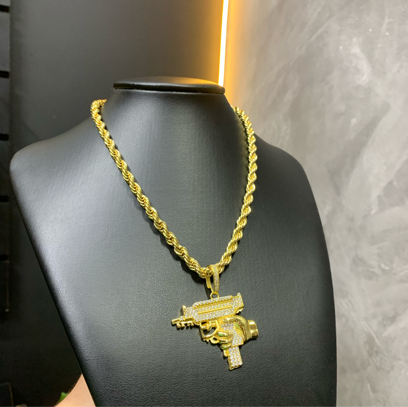 Colar Baiano 6mm - Fecho Lagosta + Pingente Uzi Cravejado