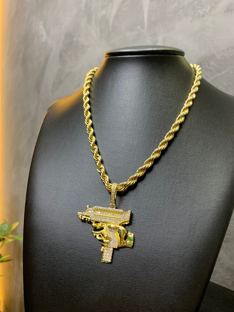 Colar Baiano 6mm - Fecho Lagosta + Pingente Uzi Cravejado